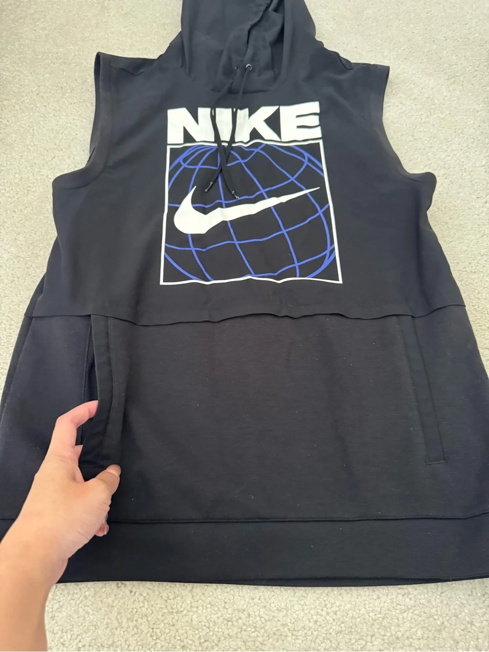 Nike Men’s Black Sleeveless Crewneck Hoodie with White and Purple Graphic